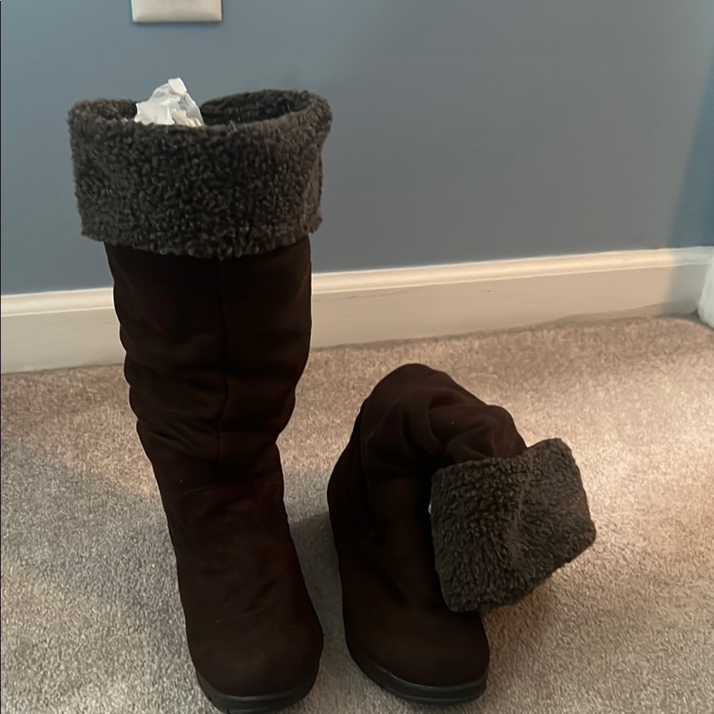 Relativity Brown and Gray Combat Moto Boots with Cozy Knit Cuff
